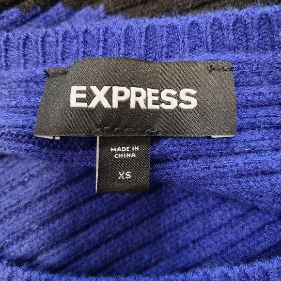Express Black Cobalt Blue Colorblock Dolman Sleeve Ribbed Chunky Knit Sweater XS - Picture 9 of 12